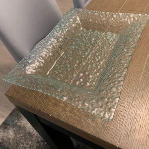 Large Light Green Rectangular Rimmed Platter Made of Bubble Glass Material.